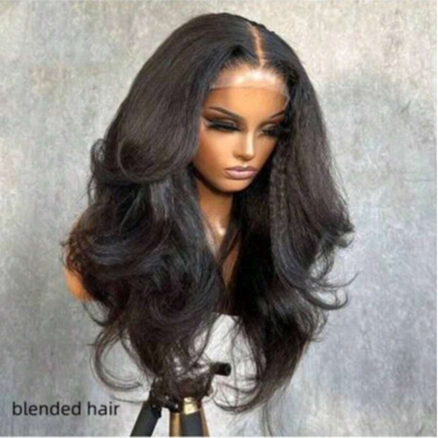 34 Inch Kinky Straight Lace Front Wigs Human Blended Hair, 180% Density Yaki Straight 13x4 Lace Frontal Wig Brazilian Human Blended Hair Wigs For Women Pre Plucked With Baby Hair Natural Black - Natural & Black - View 1