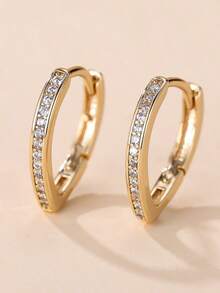 1 Pair Luxury Oval Hoop Earrings With Zirconia Stones, Elegant Commuting Jewelry Accessory - Earrings - View 2