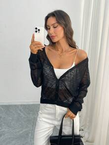 Deep V-Neck Semi-Sheer Women Long Sleeve Cardigan With Elastic Fabric And Regular Hem - Black - View 1