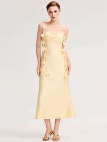 Summer Cute Spaghetti Straps Satin Midi Wedding Guest Dress Women Suitable For Weddings, Birthdays, Dinner,Party - Yellow - View 1