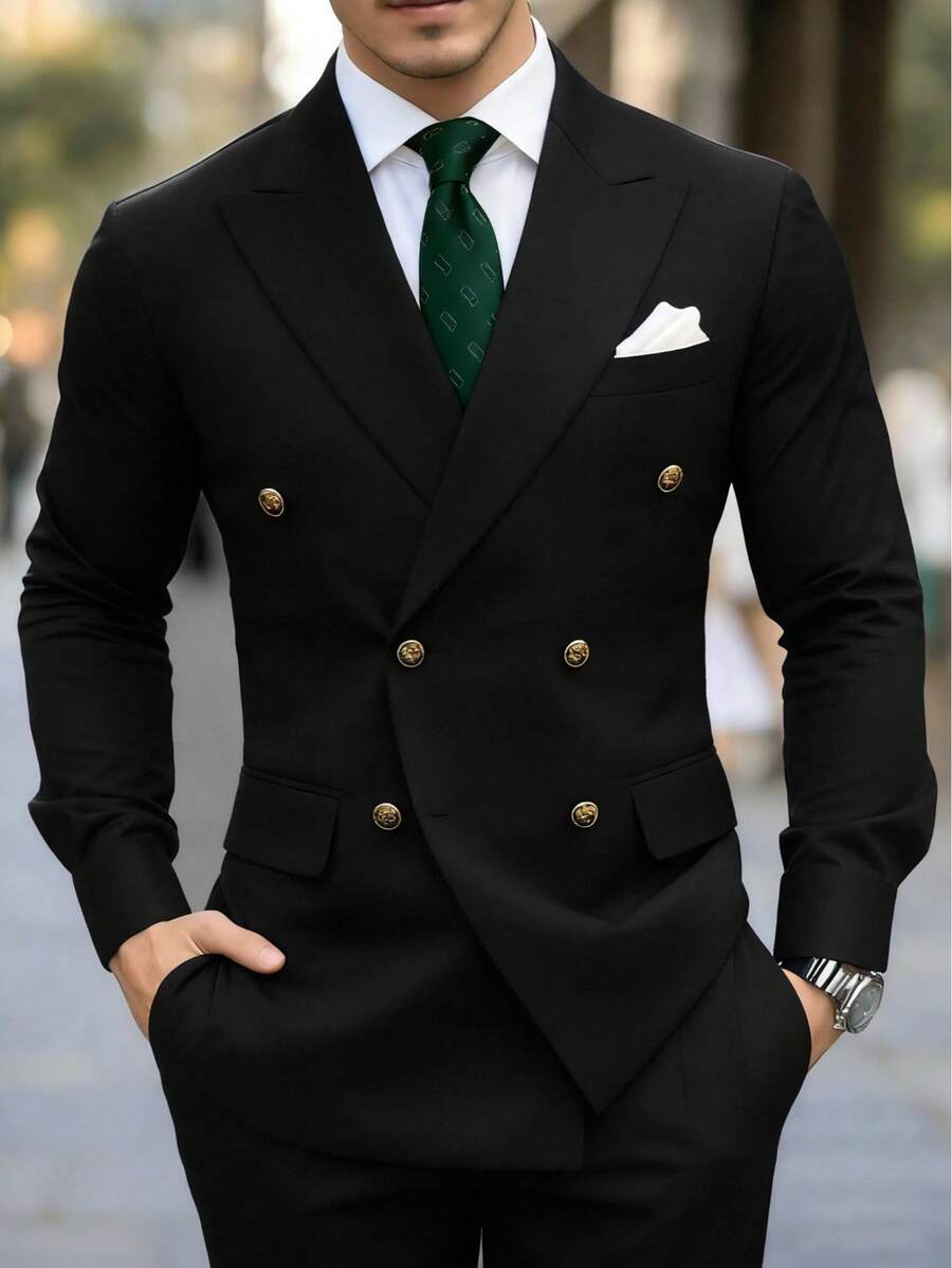 Men's 2 Piece Suit, Wedding, Business, Casual Suit Set - Black Solid Color Slim-Fit Business Suit Jacket   Classic Trousers, Black Solid Color, Long Sleeves, Button Details, Elegant And Atmospheric Style, Non-Elastic Fabric - 黑色 - 查看 1