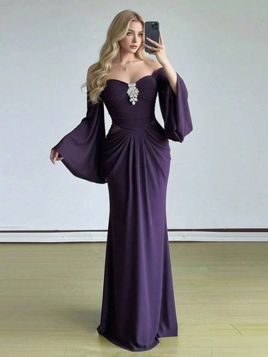Greek Style Horn Sleeve Evening Dress Tube Top Slim Fit Fashion Party Dating Thin Temperament Hip-Wrapped Floor Long Dress Women - Màu tím - Xem 1