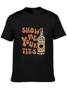 Men's Casual Short-Sleeve T-Shirt, "Show Me Your Titos" Text Pattern Top, Casual Style, 100% Cotton Top, Fashion Summer Short-Sleeve T-Shirt, Heat Transfer Print Design, Couple Outfit, Perfect Valentine's Day Gift, Couple Printed T-Shirt, Vodka Enthusiast Printed Shirt, Men's Printed T-Shirt. - Black - View 2