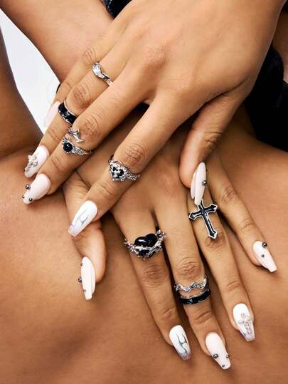 1-8pcs/Set Punk Harajuku Gothic Thorn Black & Silver Asymmetric Heart Cross Open Ring, Vintage 90s Y2K Grunge Accessories For Couples