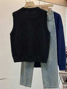 女士优雅衬衫，女士珍珠细节针织毛衣，圆领无袖背心，简约衬衫 - 黑色 - 查看 2