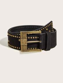 1条棕色新款铆钉休闲PU（聚氨酯）女士腰带，适合搭配牛仔裤、连衣裙、外套，时尚复古西部风格设计，日常百搭。 - 黑色 - 查看 6