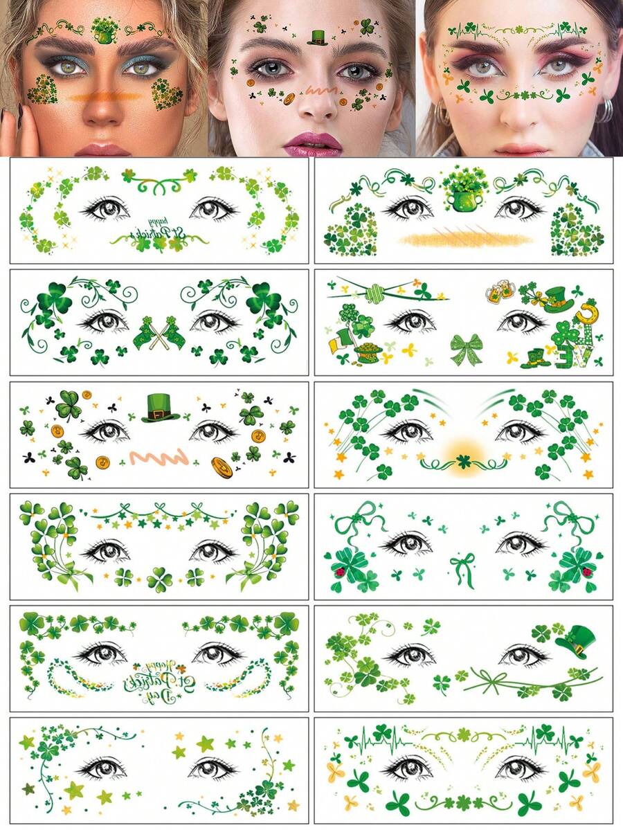 12张圣帕特里克节脸部临时纹身贴纸 | 三叶草、绿帽、彩虹气球、硬币节日装饰图案，派对脸部彩绘假纹身 - 彩色 - 查看 1