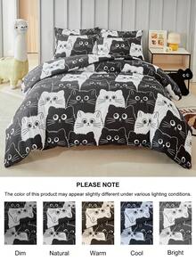 Bộ chăn ga gối trẻ em in hình mèo hoạt hình đen trắng (2/3 món), chất liệu polyester dễ thương, thích hợp cho ký túc xá, phòng trẻ em, mọi mùa, mềm mại và thoáng khí, có thể giặt máy, quà tặng cho bé trai, bé gái, trẻ em (1 vỏ chăn + 1/2 vỏ gối, không kèm ruột gối) - Đen và trắng - Xem 5