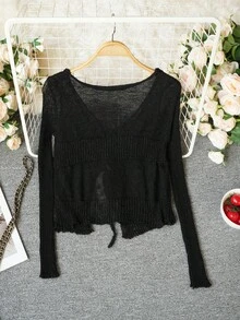 Sexy Sheer Cutout Tie-Front Long Sleeve Knit Cardigan, Suitable For Spring/Summer, Chinese New Year, Valentine's Day, Dates, Vacations, Casual Wear - Black - View 8