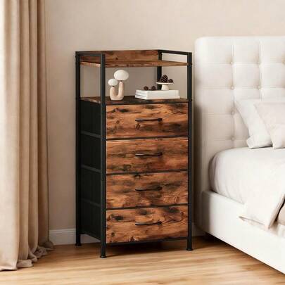 Modern 4-Drawer Nightstand With Open Shelf, Sturdy Storage Solution Fabric Chest, Versatile Storage Side Table, Compact Storage Cabinet For Bedroom, Living Room, Office, Apartment Or Small Spaces