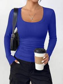 PRETTYGARDEN Women Spring And Fall Long Sleeve Shirts Clothes Cute Going Out Tops Ribbed Tight Fitted Plain Basic Tee Tshirts Vacation Outfits For Women - 寶藍色 - 查看 4