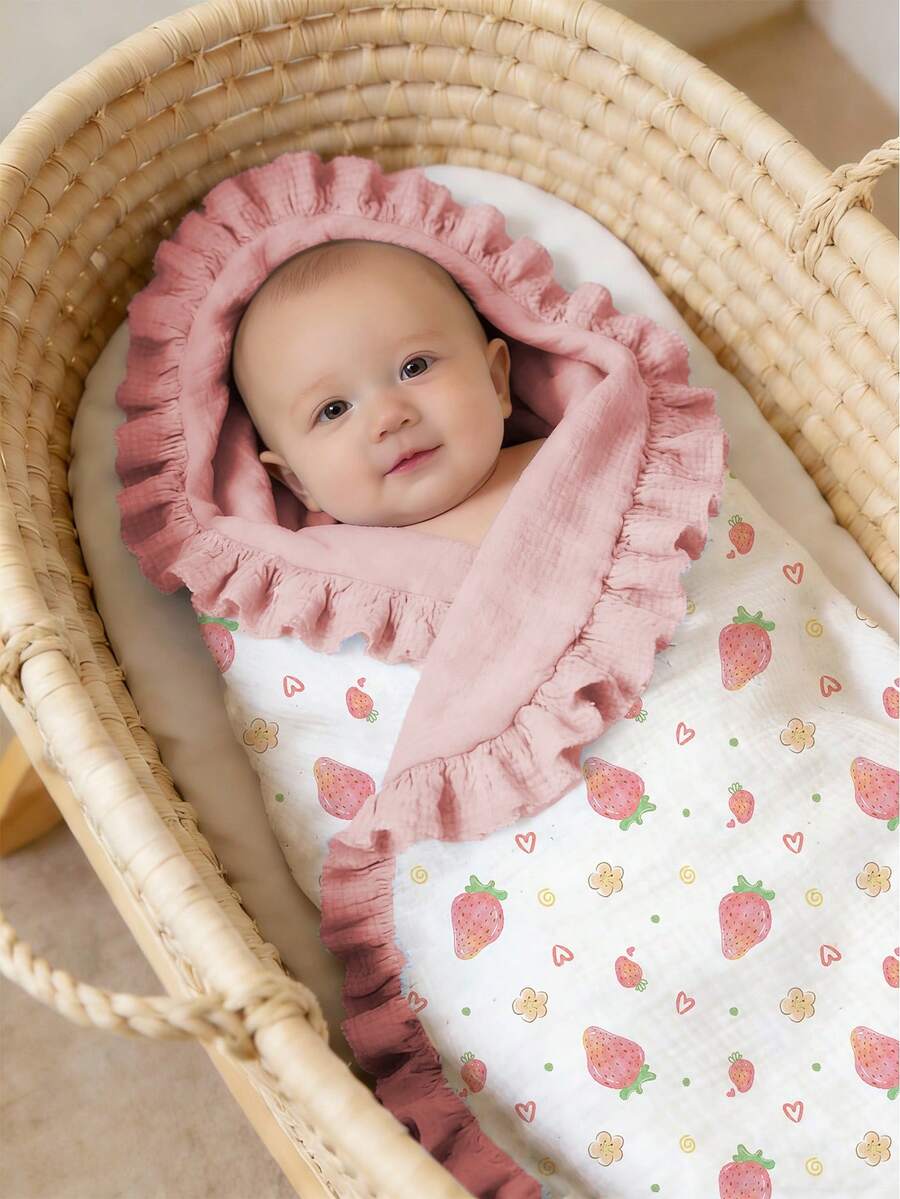 1 pieza Manta de bebé de algodón suave con estampado floral y bordes con volantes, edredón de algodón acogedor para bebés - Multicolor - Ver 1
