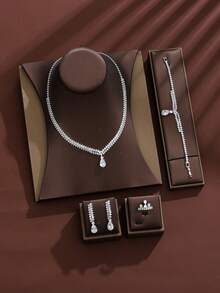 4件套奢华复古优雅项链、耳环、手链、戒指首饰套装，闪亮派对晚礼服配饰 - 銀色 - 查看 7