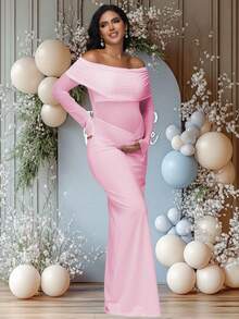 JustVH Maternity Colorblock Mesh Off-Shoulder Dress, Ruched Fishtail Hem, Suitable For Baby Shower, Elegant Stretchy Dress For Photoshoot - Pink - View 4