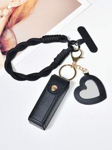 Bộ phụ kiện tối giản da đen đa năng gồm ốp lưng điện thoại, dây đeo nylon bện màu đen, túi đựng son môi bằng da màu trơn tối giản, gương trang điểm mini hình trái tim dễ thương, móc khóa, phụ kiện di động, quà tặng sinh nhật. - Dây thừng ngắn màu đen + túi đựng son môi + gương trang điểm - Xem 11