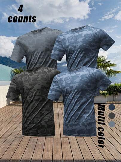 4 áo thun ngắn tay nam họa tiết rằn ri, chất liệu vải lụa lạnh, thích hợp cho bóng rổ và chạy bộ mùa hè.