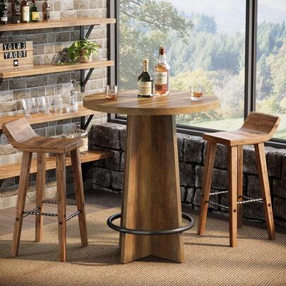 LITTLE TREE 37.4" Tall Round Wooden Bar Table, Bistro Pub Table With Metal Ring Footrest & Base, Brown For Coffee House Home Small Space (Only Table)