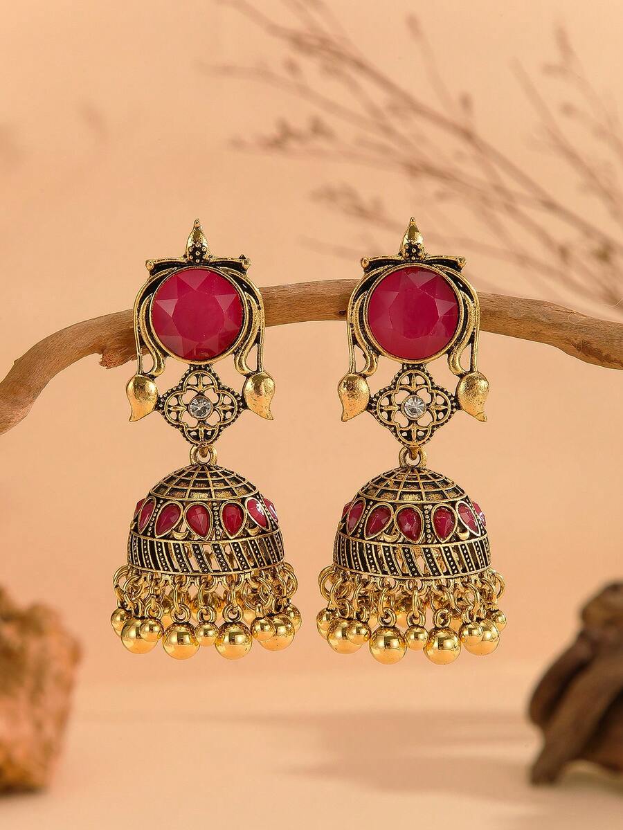 1 Pair Earrings, Elegant Rhinestone Encrusted Regal Style Earrings With Bell, Bead & Tassel Drops, Suitable For Women & Girls Everyday, Festivals, Weddings And Parties/Jewelry Gift - Jhumka - View 1