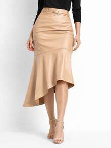 Sophisticated Midi Skirt With Asymmetrical Cutout. Does Not Include An Elegant Belt. Features An Asymmetrical Ruffled Hem. Zipper Closure. Suitable For Formal And Evening Wear. - Beige - View 2