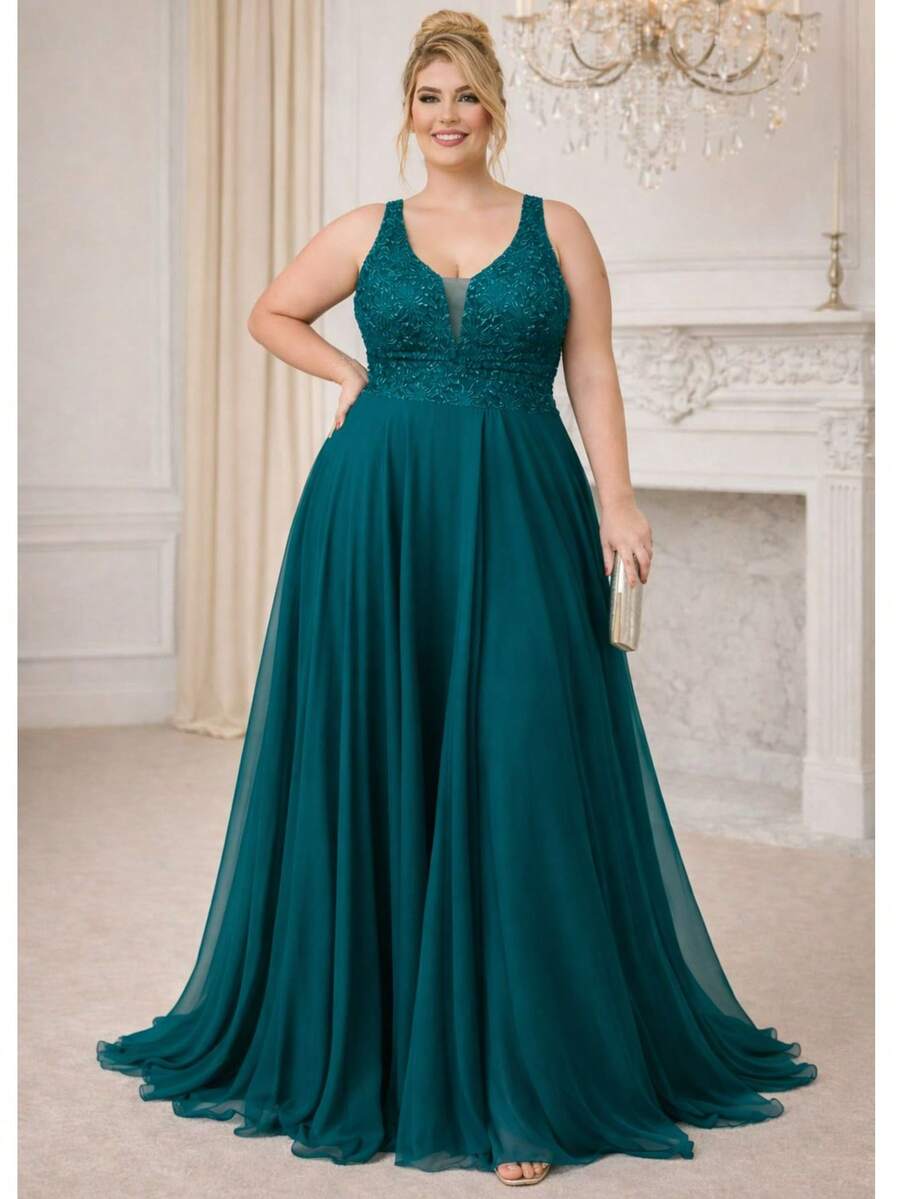Plus Size Bridesmaid Dress For Curvy Women, With A Bow At The Waist. - 翠綠色 - 查看 1