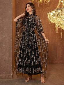 SUPGIR [Random Print] Women's Long Sleeve Sequin Patchwork Waist Tie Evening Dress - Black - View 7