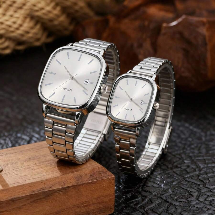 Couple's Watch Set, With Calendar Function And Adjustable Straps, Stylish And Casual Quartz Watches. Unisex, Suitable For Daily Wear, Perfectly Matching Daily Outfits. An Ideal Gift. (Gift Box Not Included) - 銀色 - 查看 1