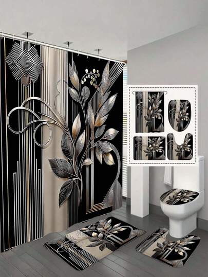 1 Set/4 Pcs Waterproof Bathroom Shower Curtain Set With 12 Hooks, Toilet Lid Cover Bath Mat Rug, Waterproof Polyester Shower Curtain, Non-Slip Bath Mat, Essential For Home & Bathroom Decor, Bathroom Accessories, All Season