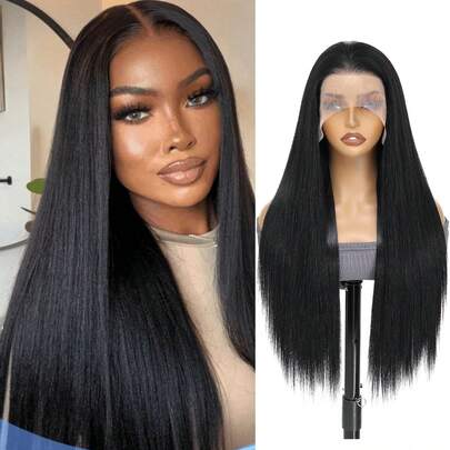 28 Inch Long Soft Straight Black Kanekalon Synthetic Heat Resistant Fiber 13x6 High Definition Lace Front Wig, With Pre-Plucked Baby Hair, No Glue Required