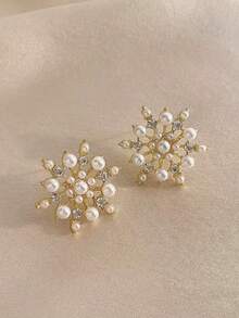 1 par de pendientes elegantes y delicados de moda de lujo con copos de nieve y perlas falsas, adecuados para uso diario y festivo de adolescentes - copo de nieve - Ver 4