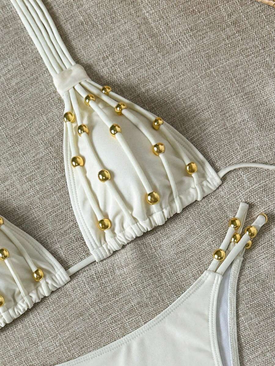 Bikinx 女士时尚露背挂脖比基尼，饰有金色串珠，高腰下装，是夏季的完美之选 - 米色 - 查看 1