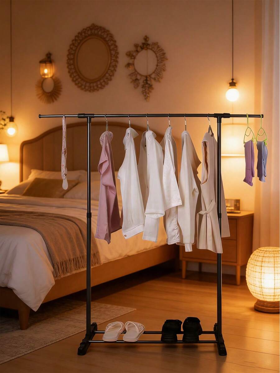 1pc Freestanding Clothes Hanger Rack, Indoor Bedroom Wardrobe Hanging Rod, Portable Balcony Drying Clothes Rack - Black - View 1
