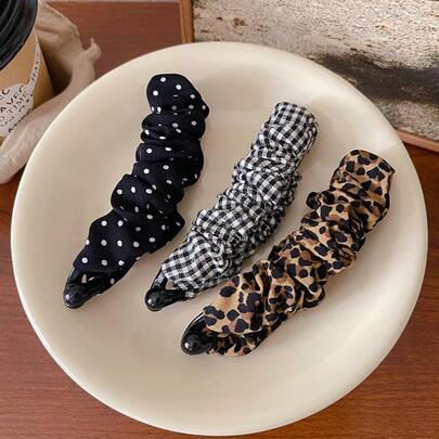 Vintage Pleated Fabric Banana Hair Clips, Available In Polka Dot/Leopard/Plaid Patterns, Strong Grip Suitable For Women With Thick Hair For Daily Ponytail