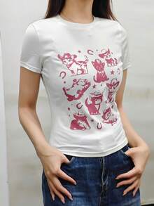 女士圆领短袖T恤，美式风格，夏季新款卡通猫咪图案印花，时尚百搭修身露脐上衣 - 白色 - 查看 2