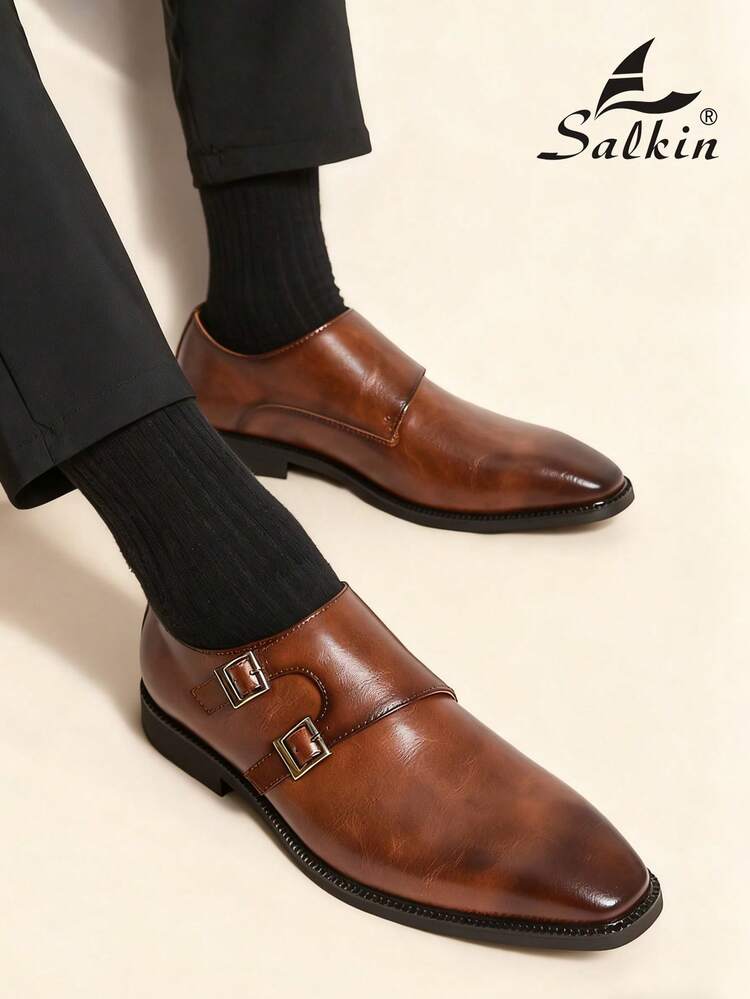 Vintage Designer Men's Monk Strap Pointed Toe Slip-On Loafers, Elegant Gentleman Formal Dress Shoes Suitable For Middle-Aged, Young, Students, Back To School, Graduation Ceremony, Office, Business, Party, Wedding, Groom, Spring/Summer/Autumn, Plus Size - Brown - View 9