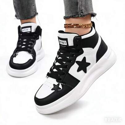 Women's Outdoor Fashionable All-Season Young Style Black & White Star Design Lace-Up Casual Sports Shoes, Suitable For Back To School