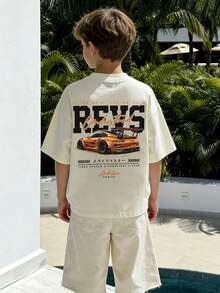 青少年男童印花短袖T恤，学生休闲夏季上衣 - 杏色 - 查看 4