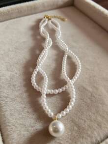 1pc French Elegant Girl Pearl Pendant Double Layer Twisted Pearl Necklace, Versatile Fashionable Choker Necklace - White - View 3