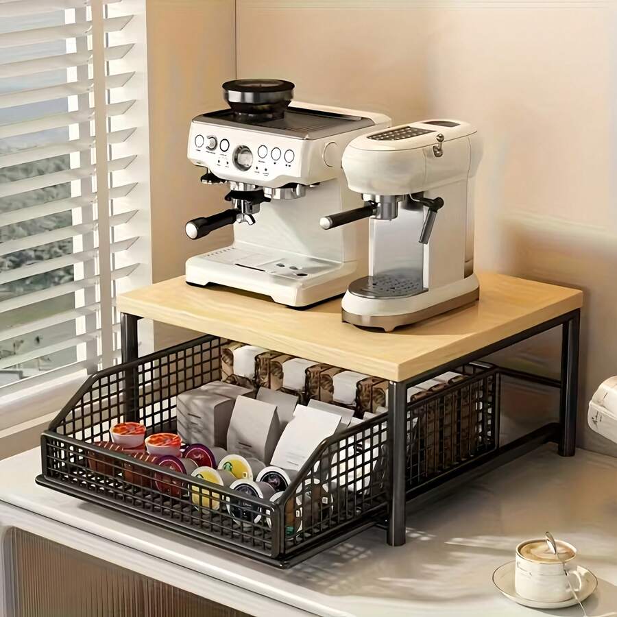 1 pièce Étagère de four à micro-ondes en bois et métal robuste avec tiroir - Étagère de rangement pour plan de travail économisant l'espace pour la vaisselle, les appareils, les épices, sans électricité nécessaire, design à la mode, organisateur de cuisine avec tiroir et panier métallique