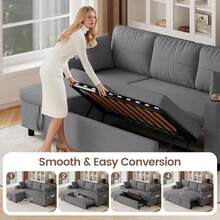 Sofa Bed, L-Shaped Sleeper Sofa Couch, 3 Seater Pull Out Corner Sofa Bed With Storage Chaise, Cup Holder, Sectional Sofa For Living Room, Dark Grey - L型深灰色(杯架+收納袋) - 查看 4