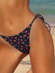 Bộ bikini nữ 2 món đi biển mùa hè, họa tiết cherry, dây mảnh, hở lưng, gợi cảm, đồ bơi đi biển nghỉ lễ Valentine, quần bikini buộc dây, cạp thấp, co giãn cao, dáng tam giác - màu đen - Xem 4