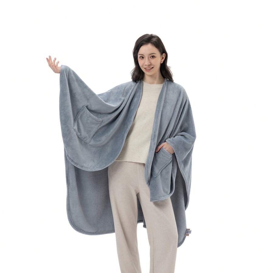 Blue Velvetloft Wearable Throw Blanket - Ultra Soft Fleece Oversized Blanket With Pocket For Women, Cozy Reading & Travel Gift - 堡壘藍色 - 查看 1