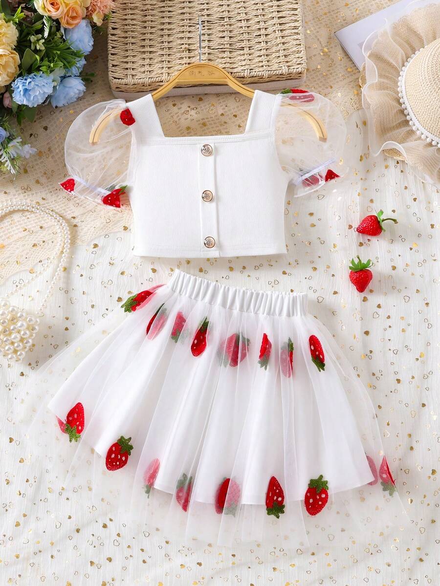 Bộ 2 món cho bé gái, áo và chân váy lưới họa tiết hoa dâu tay cánh hoa dễ thương, kiểu dáng công chúa, thích hợp cho mùa xuân/hè. - trắng - Xem 1