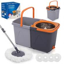 Easy Clean Rotating Mop Bucket Set With Stainless Steel Spin Drying Basket & 4 Ultra-Fine Fiber Pads For Deep Cleaning Floors And Walls Dual-Bucket Separation For Odor-Free Cleaning - 旋轉拖把套裝,含4個拖布 - 查看 2
