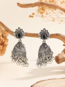 1 Pair Traditional Jhumka Earrings, Elegant & Charming Crystal Embellished Creative Design With Bell, Round Bead & Tassel, Suitable For Women & Girls Daily, Festival, Wedding And Party Wear/Jewelry Gift - Classic - View 2