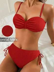 2 pièces Maillot de bain bikini pour femmes, fabriqué en tissu texturé, bretelles réglables et amovibles, bas de maillot à nouer, vacances, plage, été - Rouge - Voir 1