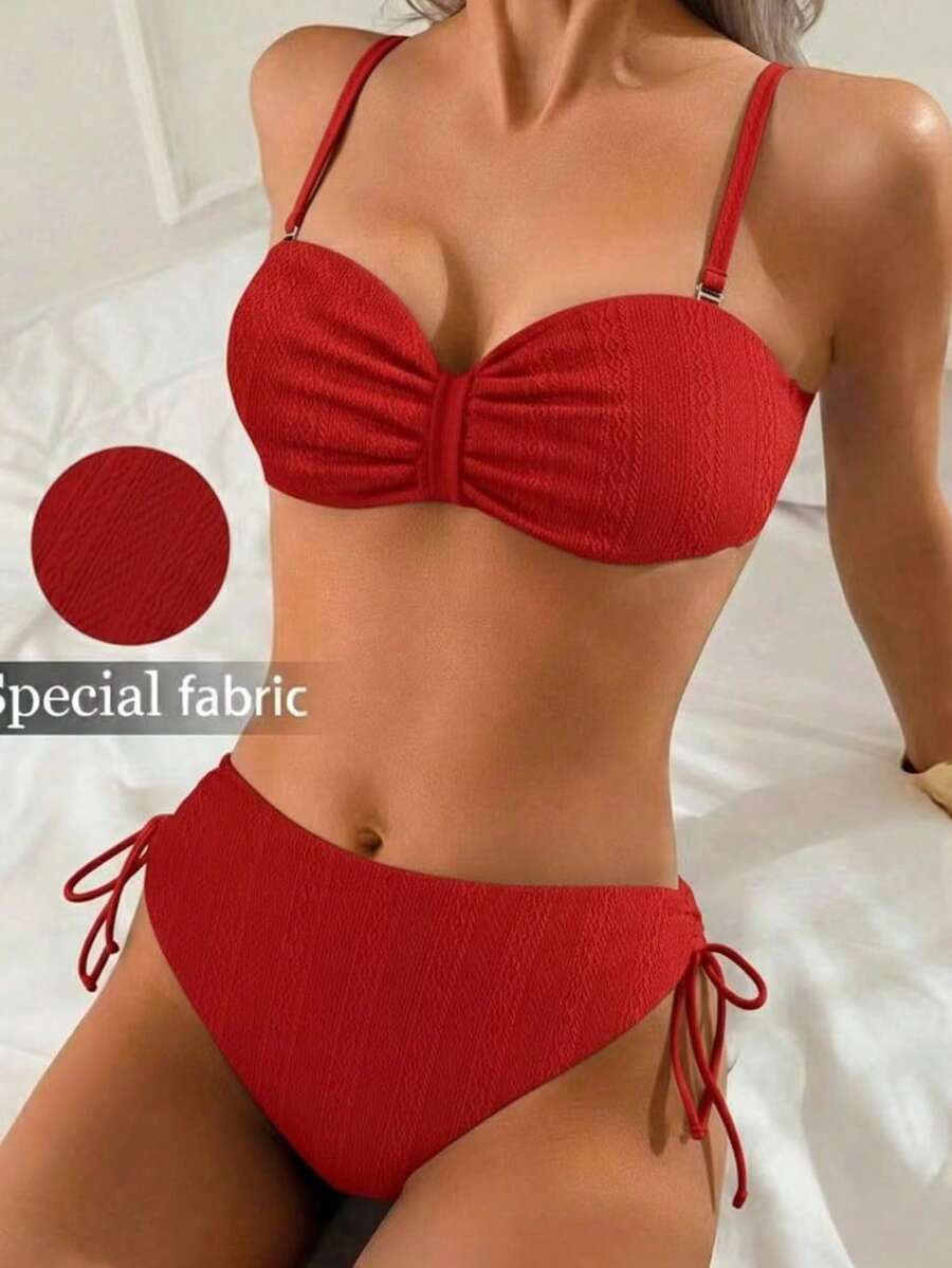 2 pièces Maillot de bain bikini pour femmes, fabriqué en tissu texturé, bretelles réglables et amovibles, bas de maillot à nouer, vacances, plage, été - Rouge - Voir 1