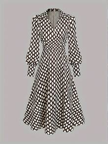 Dresses For Women Vestidos Elegantes De Mujer Women's Black Diamond Print V-Neck Lantern Sleeve Midi Dress, Elegant Commuter Style Spring, Summer And Autumn Valentines Day Outfit Spring Outfits For Women Festival Outfits For Women Concert Outfit Women Womens Tops Spring Break Outfits Brunch Outfits For Women Valentines Clothes Summer Outfits - 黑色 - 查看 3