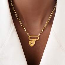 1pc New Fashion Heart Hollow Initial Oval Carabiner Lock Pendant Golden Stainless Steel Chain Necklaces For Women - Yellow Gold - View 1