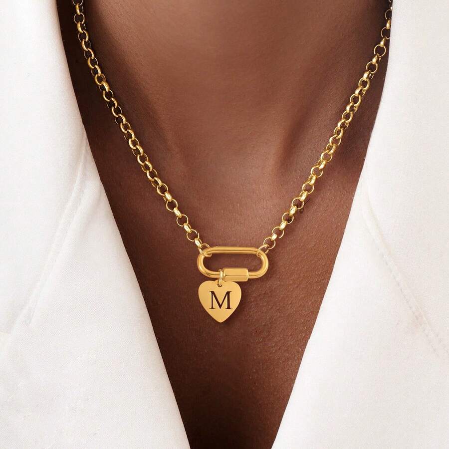 1pc New Fashion Heart Hollow Initial Oval Carabiner Lock Pendant Golden Stainless Steel Chain Necklaces For Women - Yellow Gold - View 1