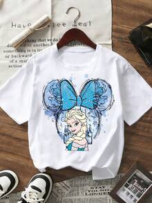 Disney-A Must-Have For Princess Style Cute Children! Elsa Co Branded Girls' T-Shirt Watercolor Castle+Bow Design, Versatile And Sweet For Daily Use - 白色 - 查看 3